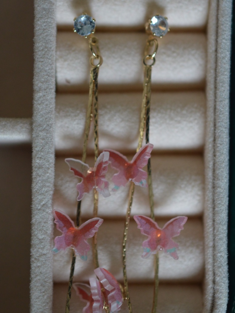 Iridescent Pink Butterfly Dangle Drop Earrings Gold Long Cascade Fairycore